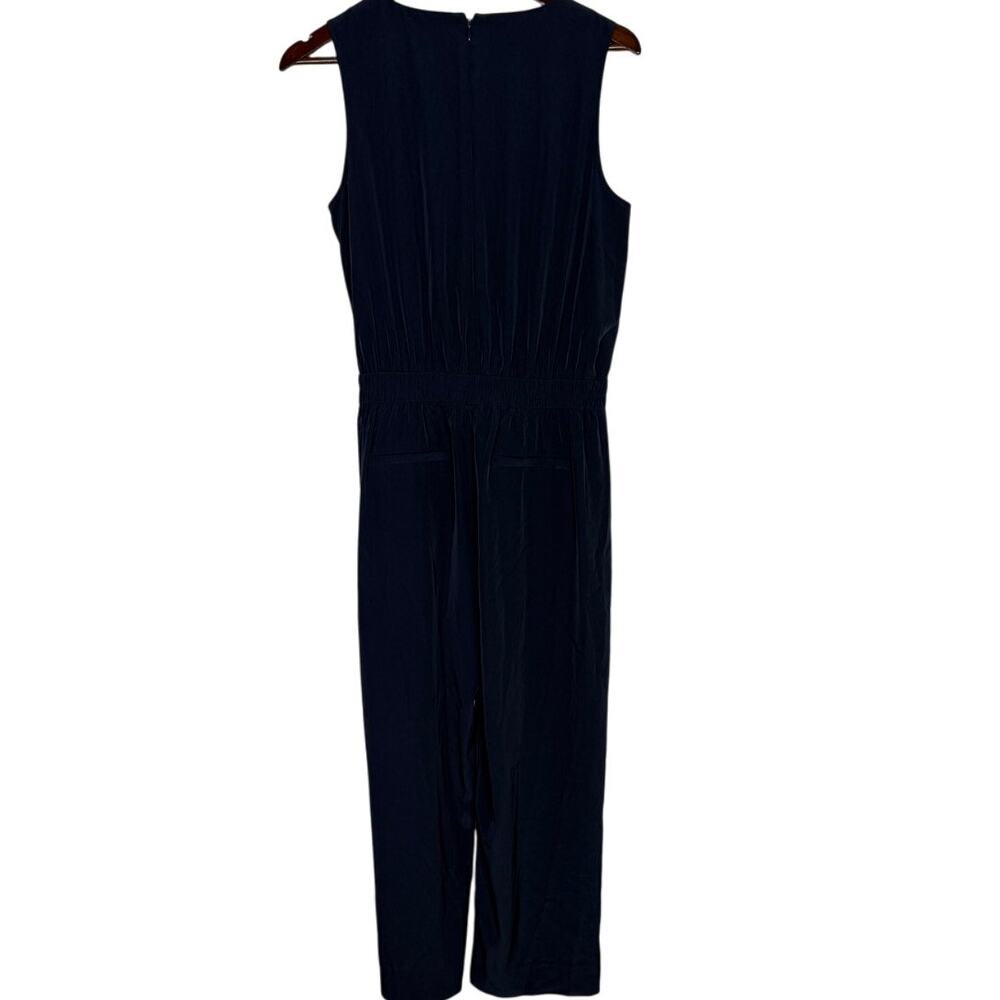 J Crew Sleeveless Satin Effect OnePiece Jumpsuit Elastic Tie Waist Pocket 6 Blue - Picture 6 of 15